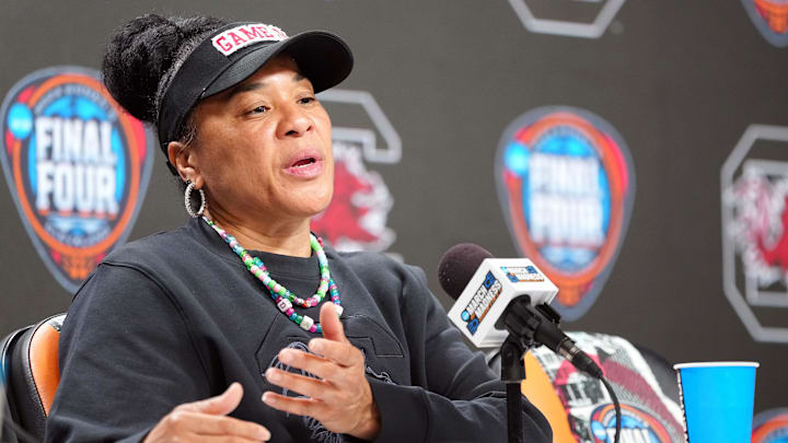 South Carolina Gamecocks head coach Dawn Staley speaks to the media on the eve of the NCAA championship game between Iowa and South Carolina at Rocket Mortgage FieldHouse, Saturday, April 6, 2024 in Cleveland.