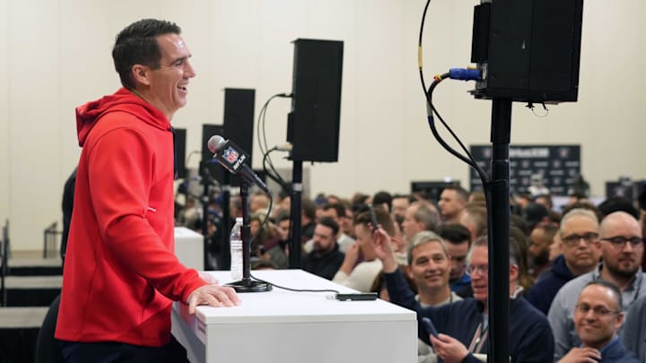 Feb 25, 2025; Indianapolis, IN, USA; New York Giants general manager Joe Schoen speaks during the NFL Scouting Combine at the Indiana Convention Center.  