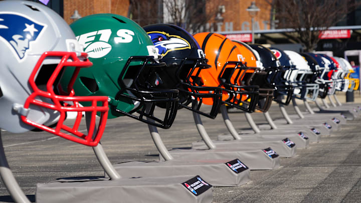 Feb 28, 2024; Indianapolis, IN, USA; A general view of large helmets of the New York Jets, Baltimore Ravens and Cincinnati Bengals at the NFL Scouting Combine Experience at Lucas Oil Stadium. Mandatory Credit: Kirby Lee-Imagn Images