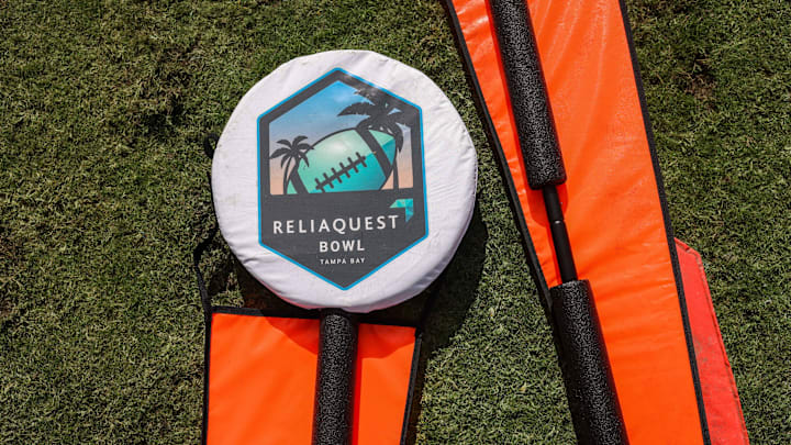 Jan 2, 2023; Tampa, FL, USA; first down markers sit on the field for the 2023 ReliaQuest Bowl featuring the Illinois Fighting Illini and Mississippi State Bulldogs  at Raymond James Stadium. Mandatory Credit: Nathan Ray Seebeck-Imagn Images