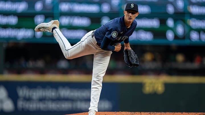 Seattle Mariners pitcher George Kirby throws during a game against the San Diego Padres on Sept. 10 at T-Mobile Park. Seattle Mariners pitcher George Kirby throws during a game against the San Diego Padres on Sept. 10 at T-Mobile Park.