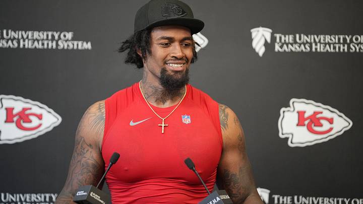Jun 9, 2026; Kansas City, MO, USA; Kansas City Chiefs tackle Josh Simmons (71) speaks to media members during a short press conference after the Kansas City Chiefs mandatory mini-camp. Mandatory Credit: Denny Medley-Imagn Images
