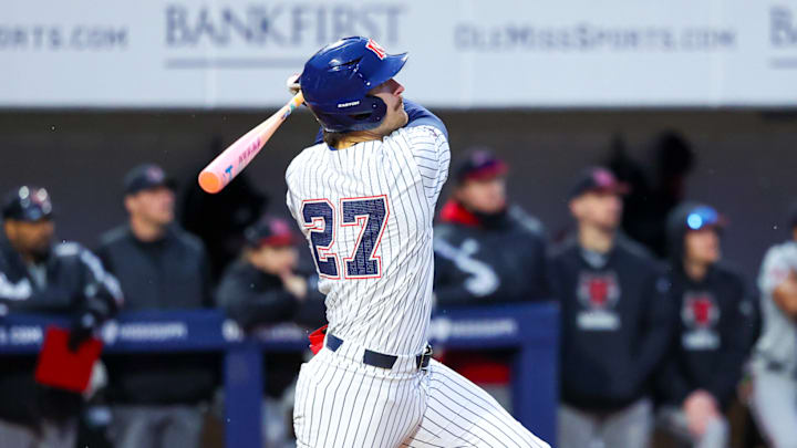 Ole Miss infielder Judd Utermark hits a walk-off home run against Arkansas State on Feb. 18, 2025.