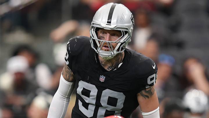 Oct 4, 2026; Paradise, Nevada, USA; Las Vegas Raiders defensive end Maxx Crosby (98) lines up before a play against the Kansas City Chiefs at Allegiant Stadium. Mandatory Credit: David Brytus-Imagn Images