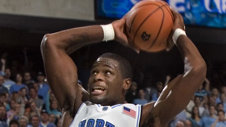 January 7, 2006; Chapel Hill, NC, USA; North Carolina Tar Heels (34) David Noel dunks in the last minute of the Tar Heels 82-69 win over the North Carolina State Wolfpack at the Dean E. Smith Center. Mandatory Credit: Bob Donnan-Imagn Images Copyright © 2005 Bob Donnan