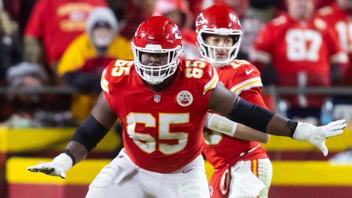 Jan 26, 2025; Kansas City, MO, USA; Kansas City Chiefs guard Trey Smith (65) against the Buffalo Bills in the AFC Championship game at GEHA Field at Arrowhead Stadium. Mandatory Credit: Mark J. Rebilas-Imagn Images