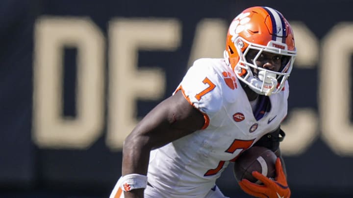 Oct 12, 2024; Winston-Salem, North Carolina, USA; Clemson Tigers running back Phil Mafah (7) during the second half against the Wake Forest Demon Deacons at Allegacy Federal Credit Union Stadium. 