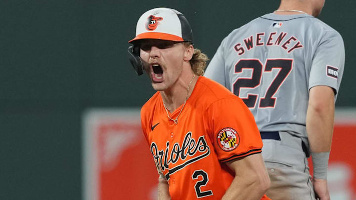 Sep 21, 2024; Baltimore, Maryland, USA; Baltimore Orioles shortstop Gunnar Henderson (2) reacts after driving in two runs in the ninth inning against the Detroit Tigers at Oriole Park at Camden Yards.