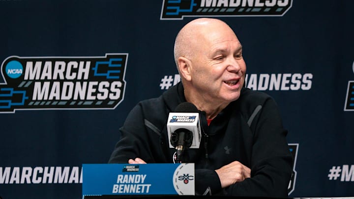 Mar 18, 2026; Oklahoma City, OK, USA; Saint Mary's Gaels head coach Randy Bennett gives an interview prior to a practice session ahead of the first round of the men's 2026 NCAA Tournament at Paycom Center. Mandatory Credit: William Purnell-Imagn Images