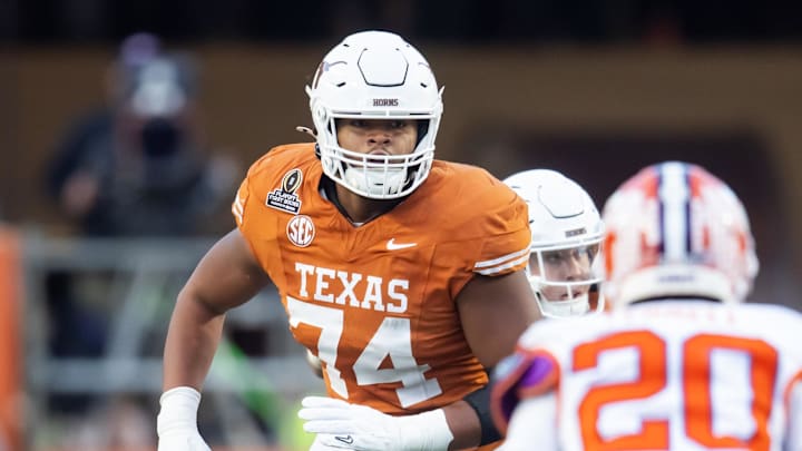Dec 21, 2024; Austin, Texas, USA; Texas Longhorns offensive lineman Trevor Goosby (74) against the Clemson Tigers during the CFP National playoff first round at Darrell K Royal-Texas Memorial Stadium. Mandatory Credit: Mark J. Rebilas-Imagn Images