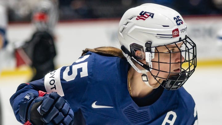 USA's Alex Carpenter watches the puck at the Adirondack Bank Center in Utica, NY on Saturday, April 13, 2024.