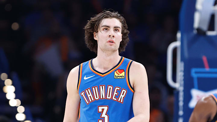 Mar 20, 2024; Oklahoma City, Oklahoma, USA; Oklahoma City Thunder guard Josh Giddey (3) walks down Mar 20, 2024; Oklahoma City, Oklahoma, USA; Oklahoma City Thunder guard Josh Giddey (3) walks down
