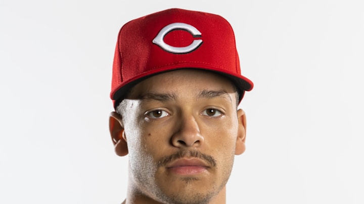 Feb 18, 2025; Goodyear, AZ, USA; Cincinnati Reds pitcher Chase Burns poses for a portrait during Media Day at the Cincinnati Reds Development Complex. Mandatory Credit: Mark J. Rebilas-Imagn Images