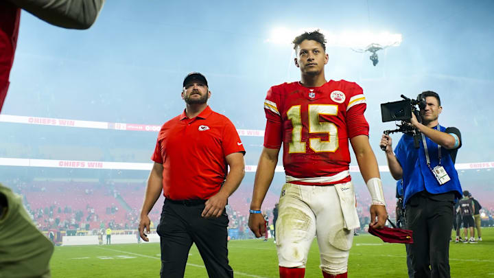 Oct 7, 2024; Kansas City, Missouri, USA; Kansas City Chiefs quarterback Patrick Mahomes (15) leaves the field after defeating the New Orleans Saints at GEHA Field at Arrowhead Stadium. Mandatory Credit: Jay Biggerstaff-Imagn Images