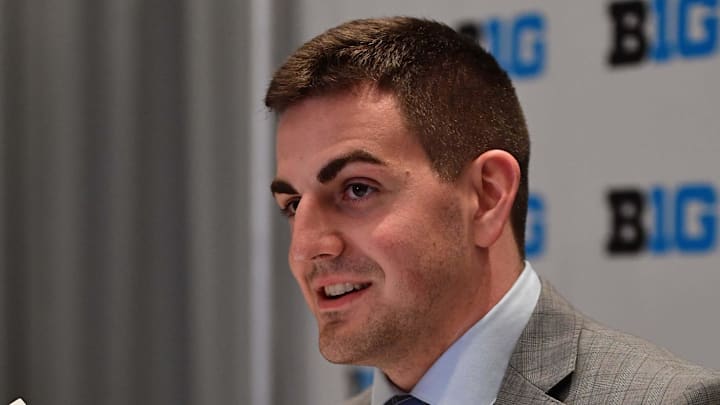 Jul 25, 2017; Chicago, IL, USA; Purdue quarterback David Blough addresses the media during the Big Ten football media day at Hyatt Regency McCormick Place. Mandatory Credit: Patrick Gorski-Imagn Images