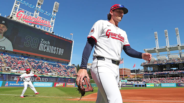 Guardians center fielder Chase DeLauter heads back to the dugout before Game 2 of the American League wild card series, Oct. 1, 2025, in Cleveland. Guardians center fielder Chase DeLauter heads back to the dugout before Game 2 of the American League wild card series, Oct. 1, 2025, in Cleveland.