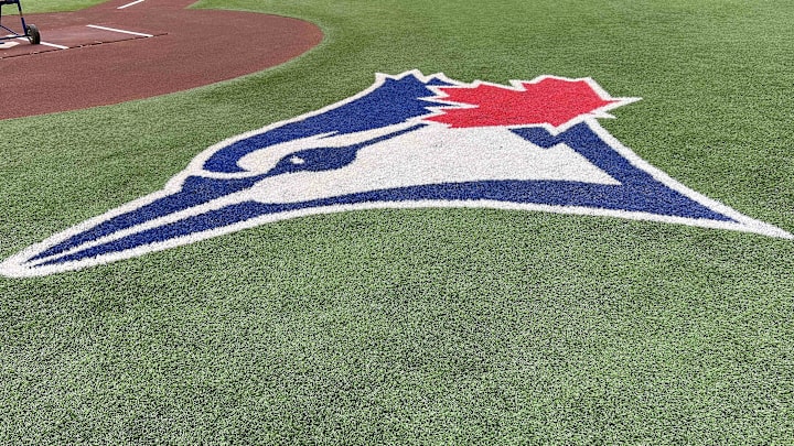 Aug 14, 2022; Toronto, Ontario, CAN; The Toronto Blue Jays logo during batting practice against the Cleveland Guardians at Rogers Centre. Mandatory Credit: Nick Turchiaro-Imagn Images