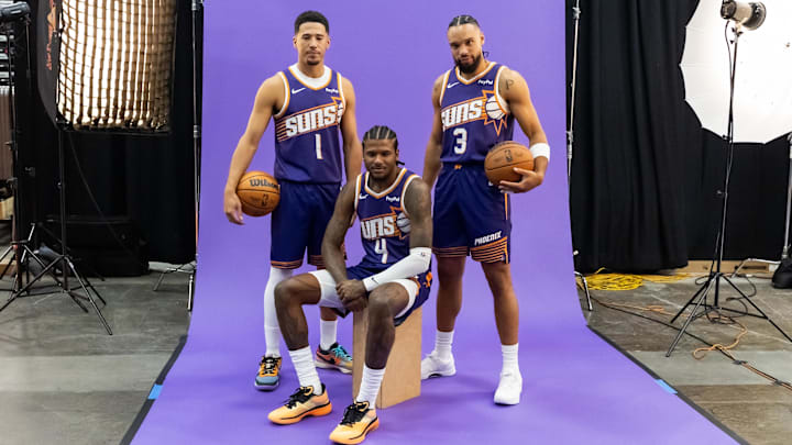 Sep 24, 2025; Phoenix, AZ, USA; Phoenix Suns guard Devin Booker (1), forward Dillon Brooks (3) and guard Jalen Green (4) pose for portrait during Media Day at PHX Arena. Mandatory Credit: Mark J. Rebilas-Imagn Images Sep 24, 2025; Phoenix, AZ, USA; Phoenix Suns guard Devin Booker (1), forward Dillon Brooks (3) and guard Jalen Green (4) pose for portrait during Media Day at PHX Arena. Mandatory Credit: Mark J. Rebilas-Imagn Images