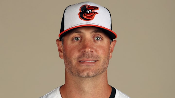 Feb 21, 2024; Sarasota, FL, USA; Baltimore Orioles coach Matt Borgschulte (62) poses for a photo during photo day at Ed Smith Stadium