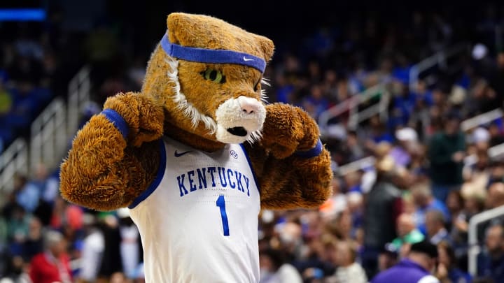 Mar 17, 2023; Greensboro, NC, USA; The Kentucky Wildcats mascot performs in the first half against the Providence Friars at Greensboro Coliseum. Mandatory Credit: John David Mercer-USA TODAY Sports Mar 17, 2023; Greensboro, NC, USA; The Kentucky Wildcats mascot performs in the first half against the Providence Friars at Greensboro Coliseum. Mandatory Credit: John David Mercer-USA TODAY Sports