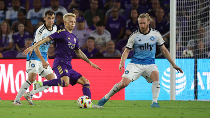 Nov 9, 2024; Orlando, Florida, USA; Orlando City midfielder Dagur Dan Thorhallsson (17) plays the ball in the first half against Charlotte FC in a 2024 MLS Cup Playoffs Round One match at Inter&Co Stadium. Mandatory Credit: Kim Klement Neitzel-Imagn Images
