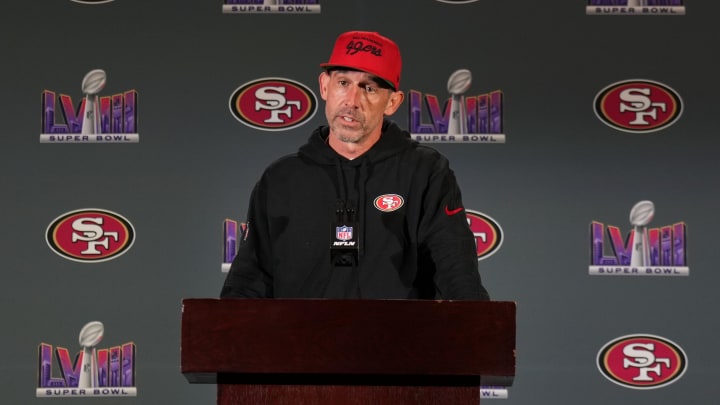 Feb 8, 2024; Las Vegas, NV, USA; San Francisco 49ers head coach Kyle Shanahan during a press conference before Super Bowl LVIII at Hilton Lake Las Vegas Resort and Spa. Mandatory Credit: Kyle Terada-USA TODAY Sports