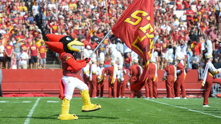Sep 4, 2021; Ames, Iowa, USA; The Iowa State Cyclones mascot takes the field during pregame activities before a game against the Northern Iowa Panthers at Jack Trice Stadium. Mandatory Credit: Steven Branscombe-Imagn Images Sep 4, 2021; Ames, Iowa, USA; The Iowa State Cyclones mascot takes the field during pregame activities before a game against the Northern Iowa Panthers at Jack Trice Stadium. Mandatory Credit: Steven Branscombe-Imagn Images