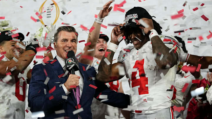 Ohio State Buckeyes wide receiver Jeremiah Smith (4) is named the game's offensive MVP following the 41-21 win over the Oregon Ducks in the College Football Playoff quarterfinal at the Rose Bowl in Pasadena, Calif. on Jan. 1, 2025.