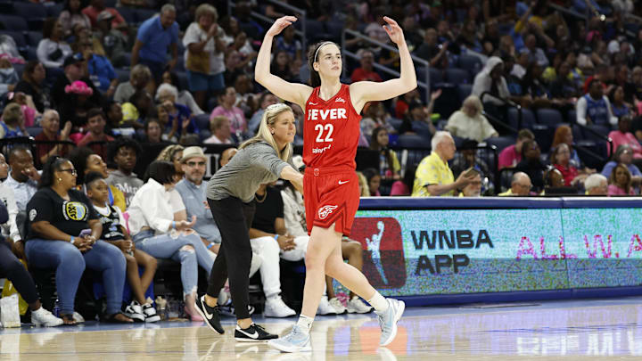 Aug 30, 2024; Chicago, Illinois, USA; Indiana Fever guard Caitlin Clark (22) reacts as she walks off the floor during the second half of a basketball game against the Chicago Sky at Wintrust Arena. Mandatory Credit: Kamil Krzaczynski-Imagn Images Aug 30, 2024; Chicago, Illinois, USA; Indiana Fever guard Caitlin Clark (22) reacts as she walks off the floor during the second half of a basketball game against the Chicago Sky at Wintrust Arena. Mandatory Credit: Kamil Krzaczynski-Imagn Images
