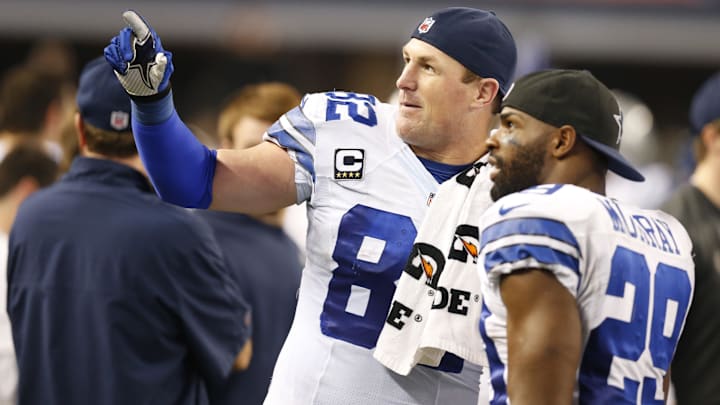 Dallas Cowboys TE Jason Witten talks with RB DeMarco Murray on the sidelines during the fourth quarter against the Indianapolis Colts.