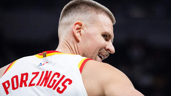 Oct 31, 2025; Indianapolis, Indiana, USA; Atlanta Hawks center Kristaps Porzingis (8) in the first half against the Indiana Pacers at Gainbridge Fieldhouse. Mandatory Credit: Trevor Ruszkowski-Imagn Images