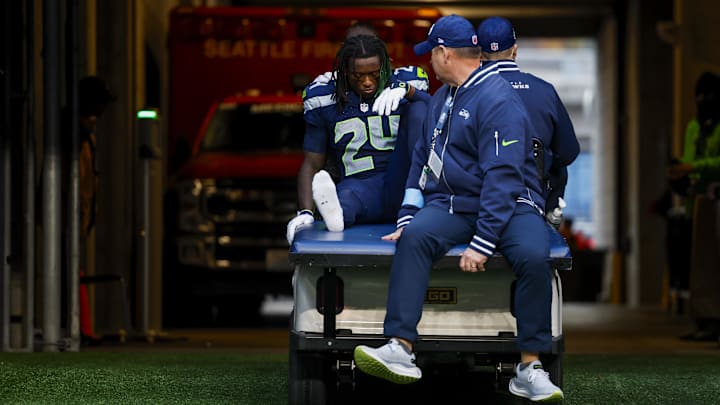 Nov 3, 2024; Seattle, Washington, USA; Seattle Seahawks safety K'Von Wallace (24) rides a cart to the locker room following an injury during the third quarter against the Los Angeles Rams at Lumen Field. Nov 3, 2024; Seattle, Washington, USA; Seattle Seahawks safety K'Von Wallace (24) rides a cart to the locker room following an injury during the third quarter against the Los Angeles Rams at Lumen Field.