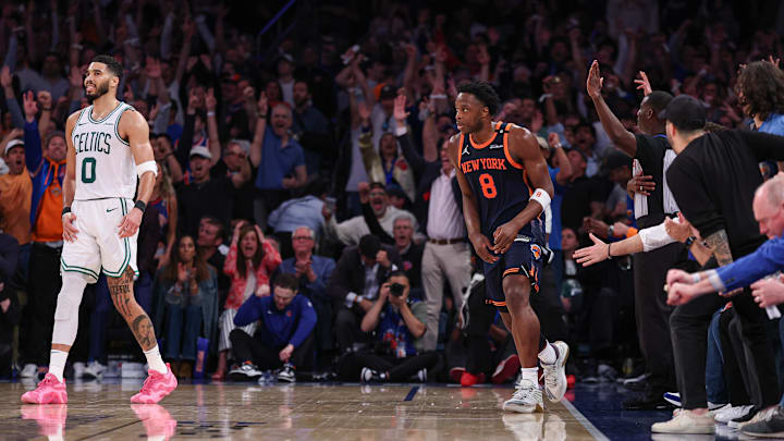 May 12, 2025; New York, New York, USA; New York Knicks forward OG Anunoby (8) runs up court after taking a three point basket in front of Boston Celtics forward Jayson Tatum (0) in the second half during game four of the second round for the 2025 NBA Playoffs at Madison Square Garden. Mandatory Credit: Vincent Carchietta-Imagn Images May 12, 2025; New York, New York, USA; New York Knicks forward OG Anunoby (8) runs up court after taking a three point basket in front of Boston Celtics forward Jayson Tatum (0) in the second half during game four of the second round for the 2025 NBA Playoffs at Madison Square Garden. Mandatory Credit: Vincent Carchietta-Imagn Images