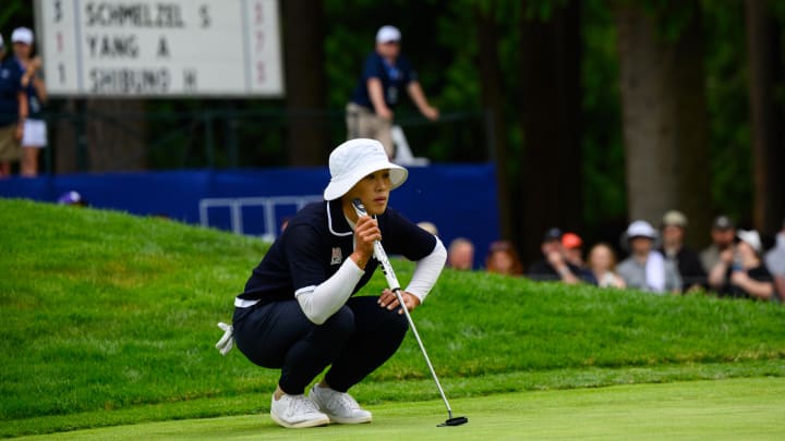 Jun 22, 2024; Sammamish, Washington, USA; Amy Yang lines up for a putt on hole eighteen during the third round of the KPMG Women's PGA Championship golf tournament. Mandatory Credit: Steven Bisig-USA TODAY Sports Jun 22, 2024; Sammamish, Washington, USA; Amy Yang lines up for a putt on hole eighteen during the third round of the KPMG Women's PGA Championship golf tournament. Mandatory Credit: Steven Bisig-USA TODAY Sports
