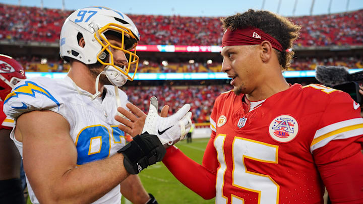 Oct 22, 2023; Kansas City, Missouri, USA; Los Angeles Chargers linebacker Joey Bosa (97) talks with
