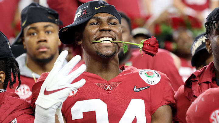 Jan 1, 2021; Arlington, TX, USA; Alabama Crimson Tide linebacker Quandarrius Robinson (34) celebrates the victory against the Notre Dame Fighting Irish in the Rose Bowl at AT&T Stadium. Mandatory Credit: Kevin Jairaj-USA TODAY Sports