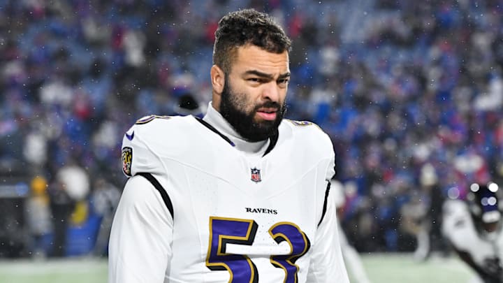 Jan 19, 2025; Orchard Park, New York, USA; Baltimore Ravens linebacker Kyle Van Noy (53) looks on during the first quarter against the Buffalo Bills in a 2025 AFC divisional round game at Highmark Stadium. Mandatory Credit: Mark Konezny-Imagn Images Jan 19, 2025; Orchard Park, New York, USA; Baltimore Ravens linebacker Kyle Van Noy (53) looks on during the first quarter against the Buffalo Bills in a 2025 AFC divisional round game at Highmark Stadium. Mandatory Credit: Mark Konezny-Imagn Images