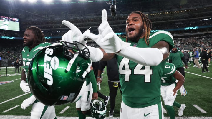 Oct 15, 2023; East Rutherford, New Jersey, USA; New York Jets linebacker Jamien Sherwood (44) celebrates after the game against the Philadelphia Eagles at MetLife Stadium. Oct 15, 2023; East Rutherford, New Jersey, USA; New York Jets linebacker Jamien Sherwood (44) celebrates after the game against the Philadelphia Eagles at MetLife Stadium.