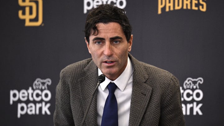 Nov 21, 2023; San Diego, CA, USA; San Diego Padres president of baseball operations and general manager A.J. Preller speaks to the media during a press conference announcing the hiring of manager Mike Shildt (not pictured) at Petco Park. Mandatory Credit: Orlando Ramirez-Imagn Images