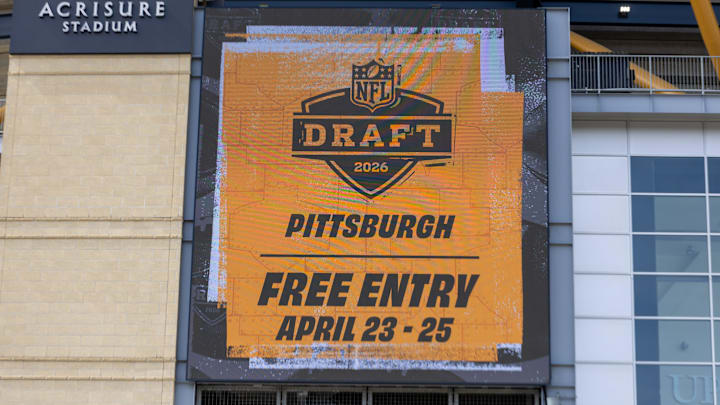 An advertisment for the 2026 NFL Draft is displayed on a video board outside Acrisure Stadium, Wednesday, March 25, 2026 in Pittsburgh, Pa.