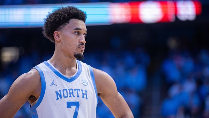 Mar 3, 2026; Chapel Hill, North Carolina, USA; North Carolina Tar Heels guard Seth Trimble (7) looks on during the second half against the Clemson Tigers at Dean E. Smith Center. Mandatory Credit: Scott Kinser-Imagn Images