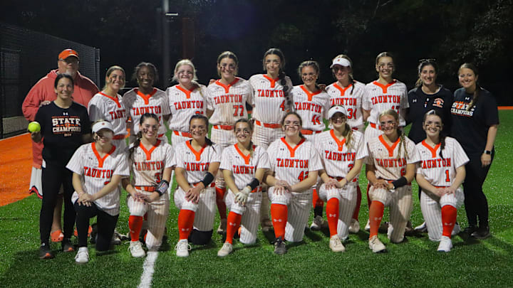 The 2025 Taunton High School varsity softball team, pictured following a Hockomock League game against King Philip on April 30, 2025.