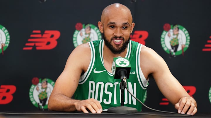 Sep 24, 2024; Boston, MA, USA; Boston Celtics guard Derrick White (9) talks to reporters during media day at Auerbach Center. Mandatory Credit: David Butler II-Imagn Images Sep 24, 2024; Boston, MA, USA; Boston Celtics guard Derrick White (9) talks to reporters during media day at Auerbach Center. Mandatory Credit: David Butler II-Imagn Images