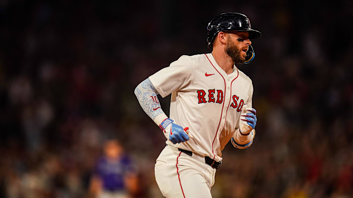 Jul 8, 2025; Boston, Massachusetts, USA; Boston Red Sox shortstop Trevor Story (10) hits a two run home run against the Colorado Rockies in the seventh inning at Fenway Park. Mandatory Credit: David Butler II-Imagn Images Jul 8, 2025; Boston, Massachusetts, USA; Boston Red Sox shortstop Trevor Story (10) hits a two run home run against the Colorado Rockies in the seventh inning at Fenway Park. Mandatory Credit: David Butler II-Imagn Images