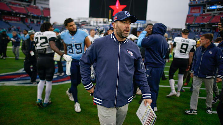 Tennessee Titans head coach Brian Callahan walks off the field after the game at Nissan Stadium in Nashville, Tenn., Sunday, Dec. 8, 2024.