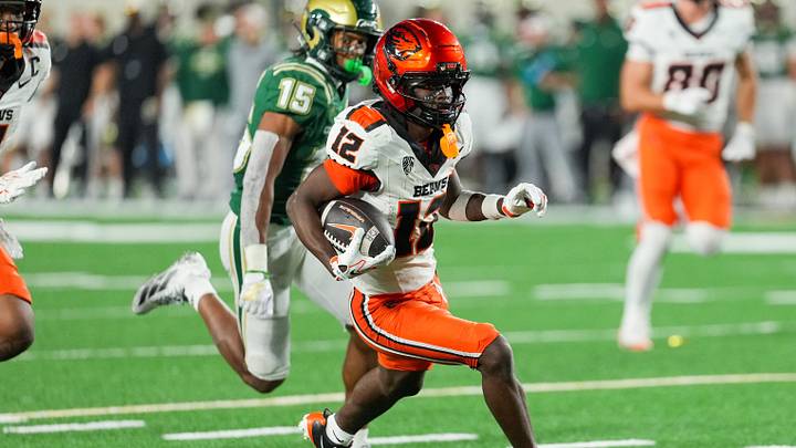 Oct 3, 2026; Fort Collins, Colorado, USA; Oregon State Beavers wide receiver Jesse Legree (12) runs after a catch against the Colorado State Rams in the second half at Sonny Lubick Field at Canvas Stadium. Oct 3, 2026; Fort Collins, Colorado, USA; Oregon State Beavers wide receiver Jesse Legree (12) runs after a catch against the Colorado State Rams in the second half at Sonny Lubick Field at Canvas Stadium.