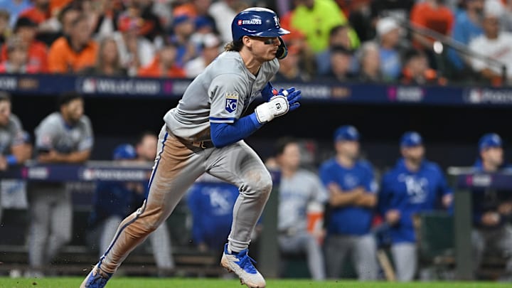 Oct 2, 2024; Baltimore, Maryland, USA; Kansas City Royals shortstop Bobby Witt Jr. (7) hits a RBI single against the Baltimore Orioles in the sixth inning in game two of the Wild Card round for the 2024 MLB Playoffs at Oriole Park at Camden Yards. Mandatory Credit: Tommy Gilligan-Imagn Images Oct 2, 2024; Baltimore, Maryland, USA; Kansas City Royals shortstop Bobby Witt Jr. (7) hits a RBI single against the Baltimore Orioles in the sixth inning in game two of the Wild Card round for the 2024 MLB Playoffs at Oriole Park at Camden Yards. Mandatory Credit: Tommy Gilligan-Imagn Images