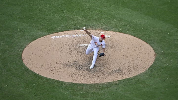 Aug 29, 2024; St. Louis, Missouri, USA;  St. Louis Cardinals relief pitcher Ryan Helsley (56) pitches against the San Diego Padres during the ninth inning at Busch Stadium. Mandatory Credit: Jeff Curry-Imagn Images