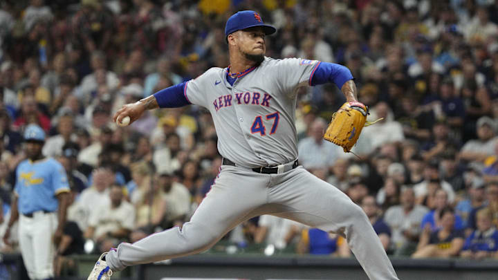 Aug 9, 2025; Milwaukee, Wisconsin, USA; New York Mets pitcher Frankie Montas (47) delivers a pitch against the Milwaukee Brewers in the second inning at American Family Field. Mandatory Credit: Michael McLoone-Imagn Images