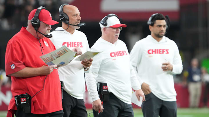 Aug 9, 2025; Glendale, Arizona, USA; Kansas City Chiefs head coach Andy Reid and staff look on against the Arizona Cardinals during the first half at State Farm Stadium. Mandatory Credit: Joe Camporeale-Imagn Images